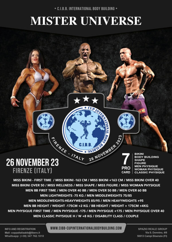 Locandina per la gara di MISTER UNIVERSE 2023. Palestra CiBB Torino.